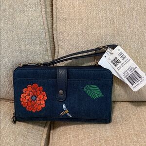 Sakroots Denim Wristlet with Orange and Green Embroidery